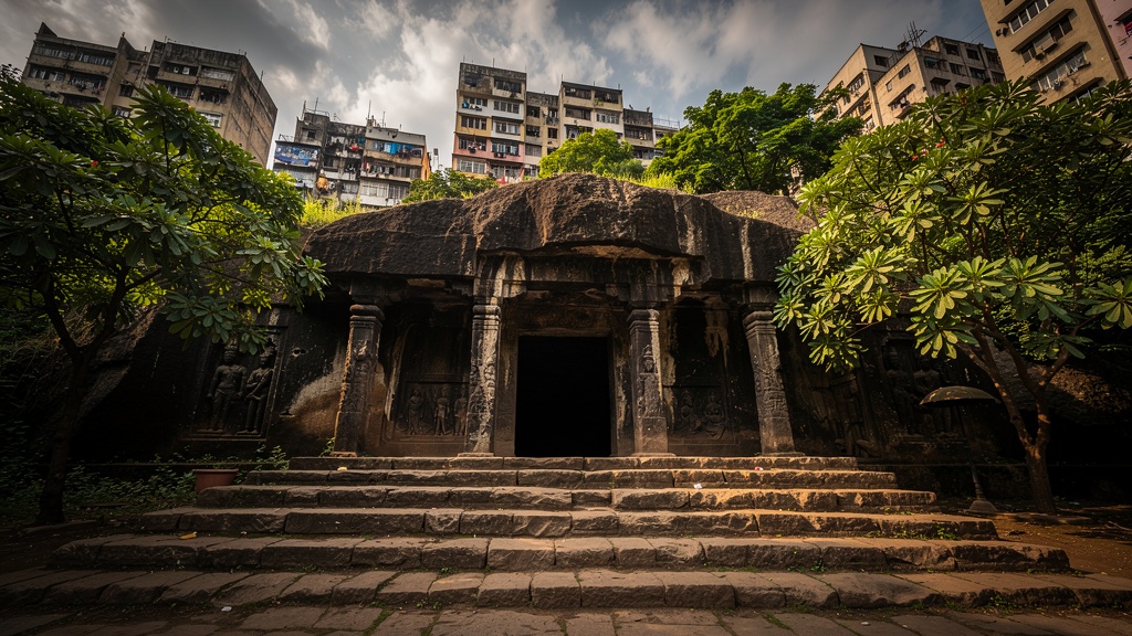 Jogeshwari Caves exterior facade with stone steps leading to the ancient entrance
