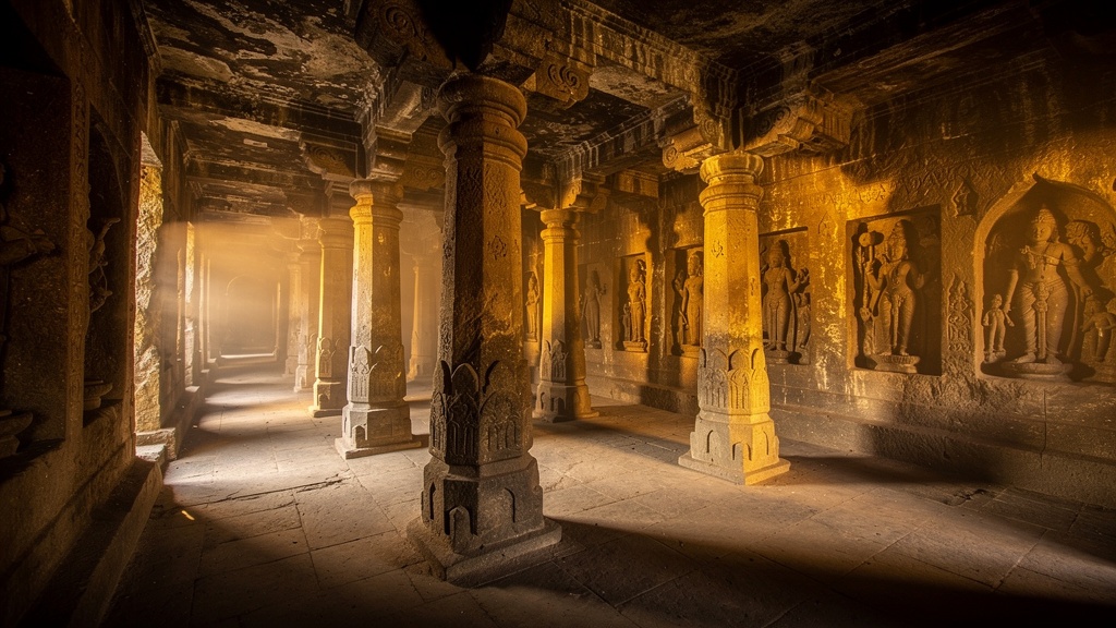 Ancient Jogeshwari Caves interior with stone pillars and sculptures