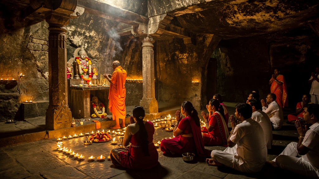 Hindu festival celebration with oil lamps inside Jogeshwari Caves