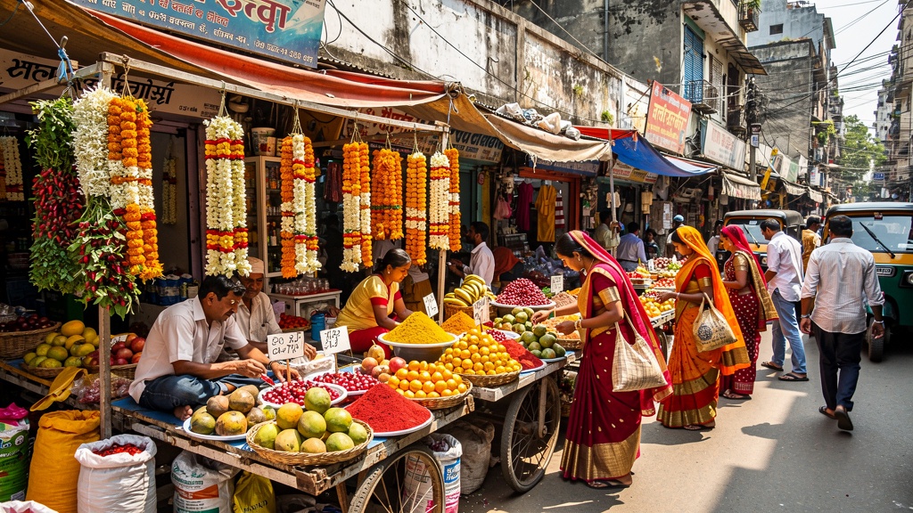 Local market scene in Jogeshwari with colorful shops and street vendors