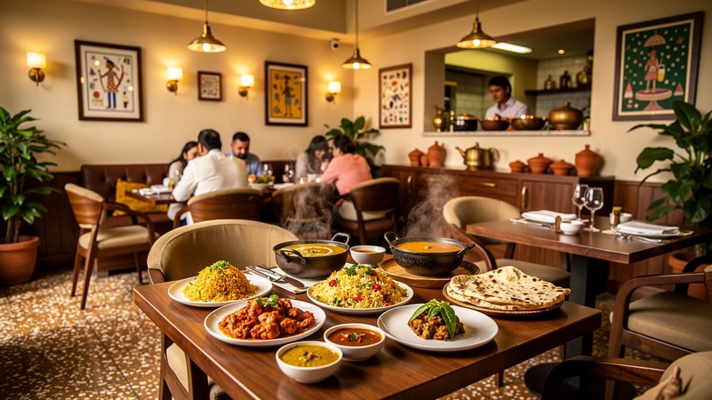 Cozy restaurant interior in Jogeshwari with warm ambient lighting