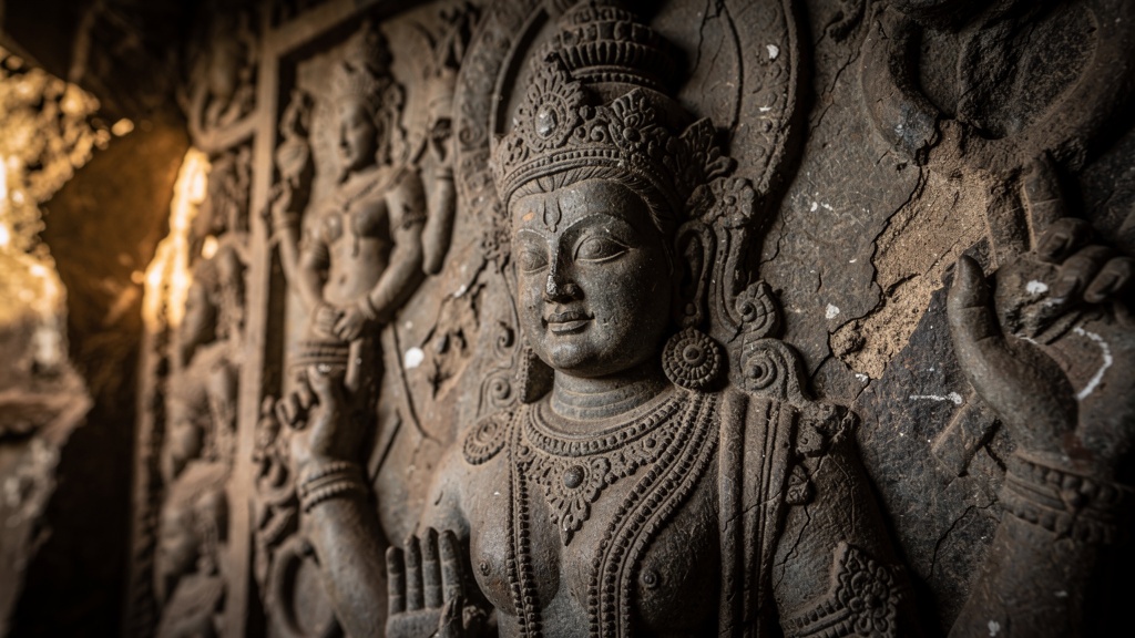 Intricate stone carvings inside Jogeshwari Caves