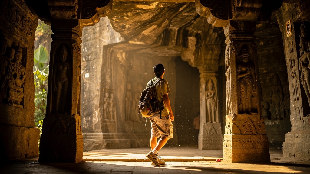 Solo traveler exploring Jogeshwari Caves entrance