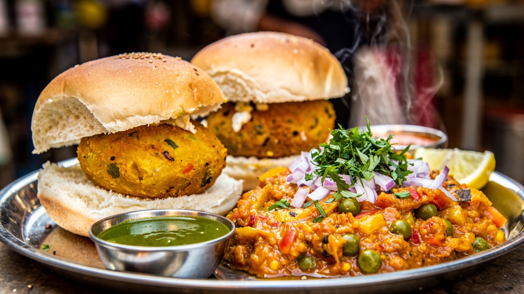 Delicious Mumbai street food closeup with vada pav and chutney